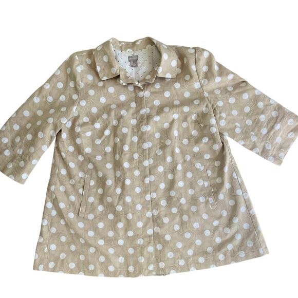 CHICO’S POLKA DOT JACKET TAN/WHITE PLEAT BACK 3/4 SLEEVES 
SZ 16 SOPHISTICATED - Picture 14 of 16